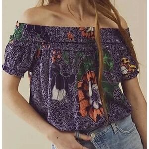 FP One Off Shoulder‎ Smocked Floral Blouse Top Purple Orange Green XS